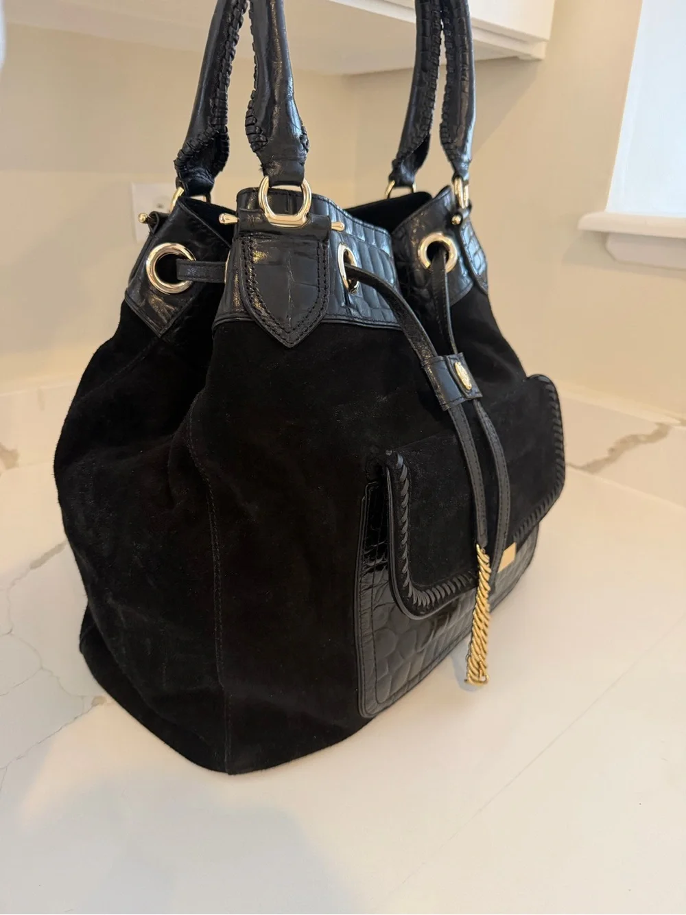 Cole Haan Black Suede Leather Drawstring Hobo Bag